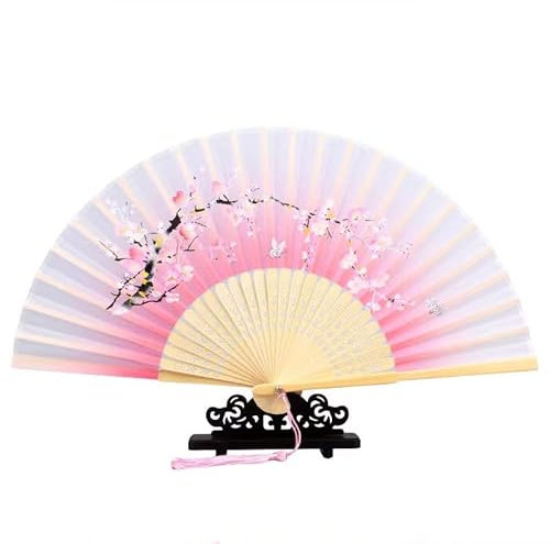 Folding Hand Fans with Tassel, Bamboo Ribs Wedding Party Favour - Chinese Vintage Style Handheld Fan for Birthday & Wedding Party Decoration (Pink)