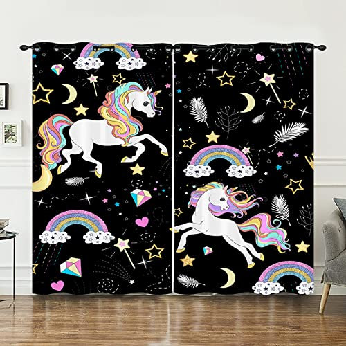 Verdunklungsvorhänge Regenbogen Schwarzes Einhorn Scheibengardinen Weich Vorhänge Wohnzimmer Vorhänge Schlafzimmer Vorhang Blickdicht Vorhang Schallschutz Scheibengardine Gardine 2x140x240cm