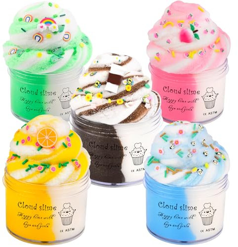 Cloud Slime Kit Age 3+ 5 Pack, with Peach Rainbow Lemon Coffee Slime Charms, Fluffy Slime for Girls and Boys, Stress Relief Toy for Kids Education, Party Favor, Gift and Birthday