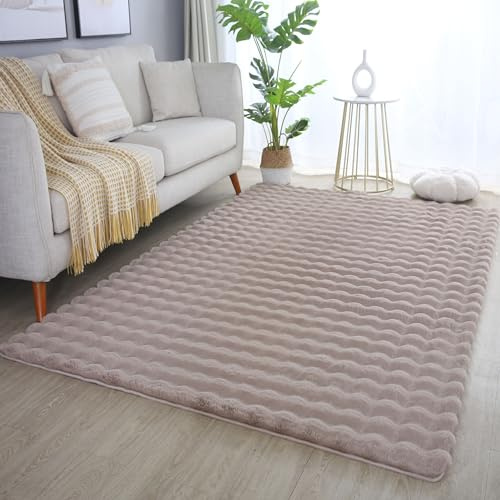 SIMPEX Teppich 140x200 cm Beige, Flauschiger Teppich in Felloptik mit Hoch-Tief Struktur & Bubble-Design, Super Weich, Plüschig, Ideal für Wohnzimmer & Schlafzimmer