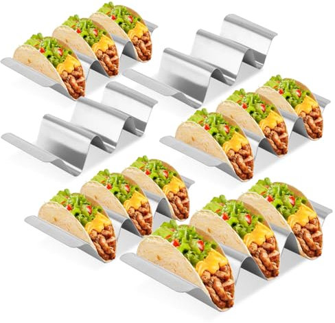 AKOLAFE 6 Stück Taco Halter Edelstahl 25x10x4.5cm Tacohalter Taco Holder mit Griffen Hot Dog Halter Ständer U-förmiges Taco Rack Dino für Tacos, Sandwiches, Brot, Hot Dogs und Waffeln