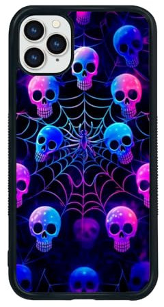 Cool Purple Spooky Halloween Skull Phone Case, Spider Web iPhone 11 Pro Max Case, Non-Slip Pattern Design, Soft Silica Gel Frame Support Phone Case for Teen Girls and Boys, Women and Men