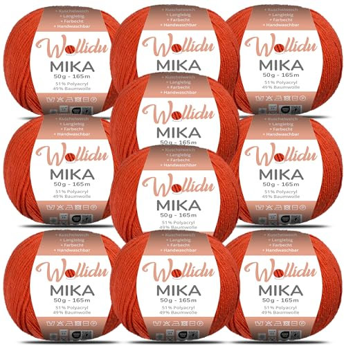 Wollidu Mika 51% Polyacryl 49% Baumwolle zum Häkeln und Stricken 10x 50g/165m Oeko-Tex Strickgarn Häkelgarn - Herbstrot