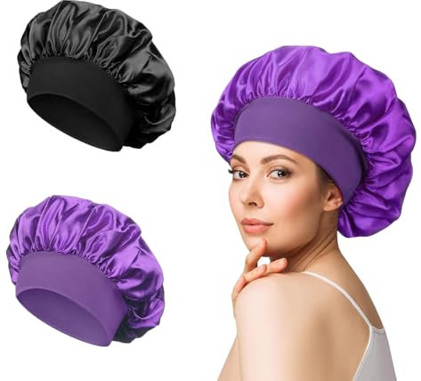 Senshuomy Silk Hair Bonnet, Satin Night Cap for Women (2 Pack/Black & Purple)