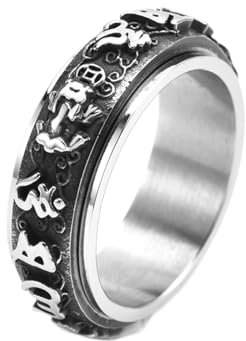 Whoiy Trauringe Verlobungsringe Gravur, Edelstahlring 8MM Mantra Gothic Fidget Spinner Anti Angst Ringe Silberring Eheringe Hochzeitsringe für Männer Größe 62 (19.7)