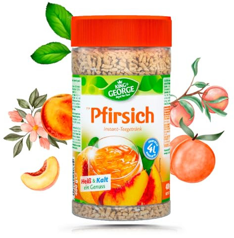 KING GEORGE - Pfirsich Instant Teegetränk 12 x 400g Instantteegetränk mit Peach Geschmack, Heiß & Kalt ein Genuss, Krümeltee Vorratspackung - Getränkpulver für Sommer, Geburtstagsparty, Karneval