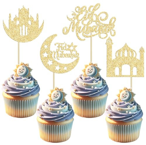 Gyufise 24Pcs Eid Mubarak Cupcake Toppers Gold Glitter Star Ramadan Cupcake Pick Moon Star Eid Islamic Muslim Theme Party Cake Decoration Supplies