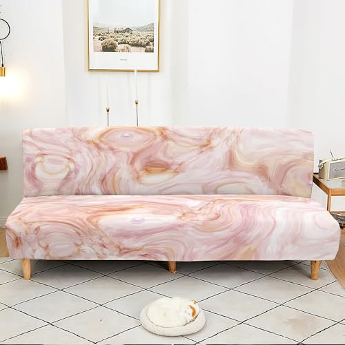 Surwin Sofabezug ohne Armlehnen Stretch Armlose Sofabettüberzug Marmor Antirutsch Clic Clac Sofahusse Schonbezug Protector für Klappcouch Schlafsofa 2-3 Sitzplätzen (Rosa Marmor,190-230cm)