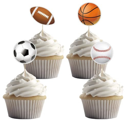 36 Stück Sport Cupcake Toppers - Basketbälle, Fußbälle, Basebälle, Rugbybälle - Sport Thema Party Dekorationen