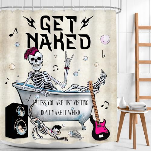 Mitpok Halloween-Duschvorhang mit lustigem Totenkopf-Skelett, cooler Rock and Roll Gothic, gruselig, einzigartige Knochen in der Badewanne, Punk, Retro, Katze, Gitarre, Teenager, 60 x 72 cm,