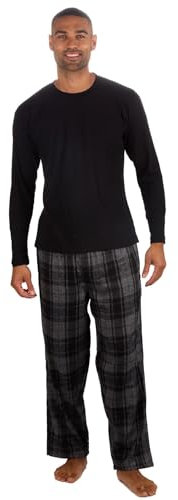 Mens Long Sleeve Plain Top Checked Bottoms Sleepwear Pajama Set Crew Neck Warm Cozy Super Soft Adults Loungewear (Grey-Black, L)