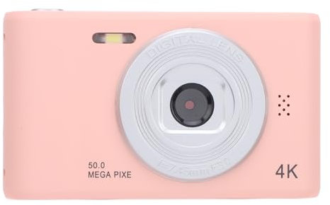Compact Digital Camera 50MP Dual Lens Self Adaptive Anti Shaking 2.4 Inch Screen Portable Camera for Kids Students Vlog, Clear Photos, HD Videos with Digital Zoom, Easy (Pink)