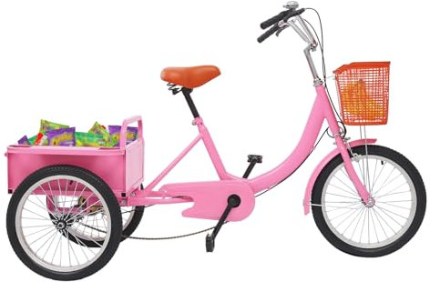 Tricycle à 3 roues de 18 pouces avec panier pour adultes, débutants, design tendance, 3 roues avec panier à provisions, tricycle pour hommes, femmes, personnes âgées (rose)