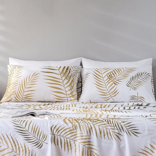 Nayoroom Kissenbezug 40 x 80 cm Weiß Gold Blätter Muster Kissenbezüge 40x80 2er Set 100% Mikrofaser Botanisch Palmenblätter Kopfkissenbezug Kissenhülle mit Reißverschluss