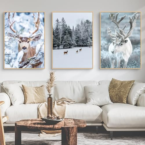 Viusneun 3er Poster Set, Premium Leinwandbilder Kunstdruck Wandposter Moderne Elch Wandbilder Winter Poster für Schlafzimmer Wohnzimmer Ohne Rahmen (40 x 50 cm)