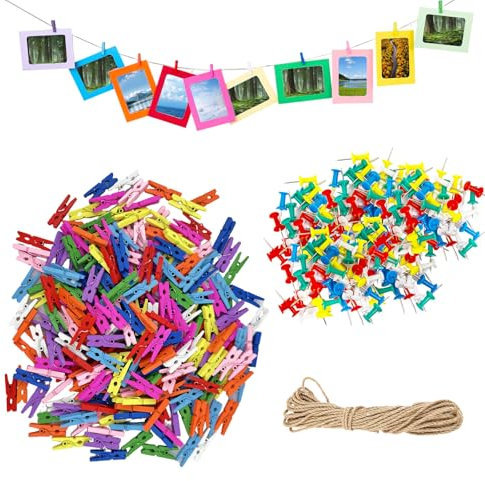 250 PCS Mini Wooden Pegs, 2.5cm Mini Pegs For Photos with 10m String and 50 Push Pins, Small Pegs For Hanging Photos, Coloured Wooden Pegs Craft for Photo Wall Display,DIY Art, Craft Project
