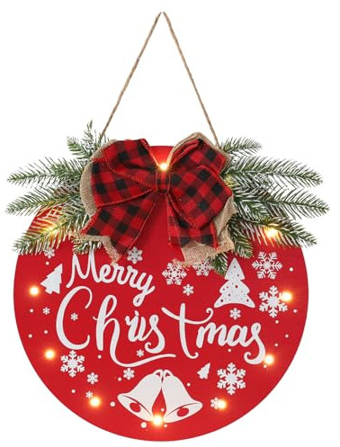 HOMCDALY Letrero de bienvenida de Feliz Navidad para puerta delantera, letrero rojo de Feliz Navidad con luz, decoración de puerta de Navidad, letrero colgante de madera, decoración de Navidad, arte