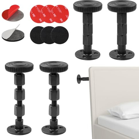 WEDAMOO 4 Stück Verstellbare Bettrahmen Anti Shake Abstandshalter Schwarz 27-105mm, Adjustable Bettgestell Mit Gewinde, Kopfteil Stopper, Bett Stabilisator Unterstützung für Betten, Schränke, Sofas
