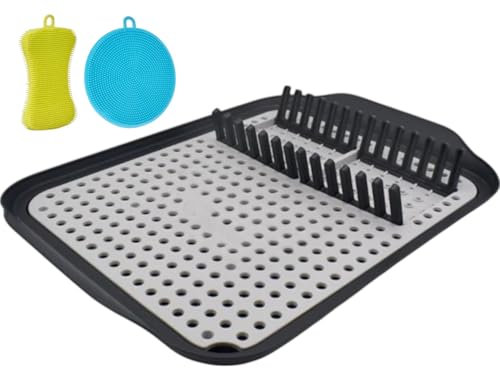 MAGMAHOME Escurridor De Platos Plegable De Plástico Duradero - Escurreplatos sobre Fregadero con Rejillas Abatibles, Bandeja De Depósito De Agua, Orificios De Drenaje, más Dos estropajos de Silicona.