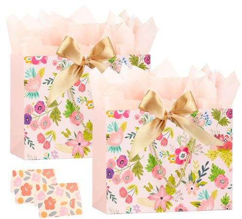 Large Gift Bag for Present, 2 Pcs 11'' Flower Paper Bag with Ribbon Bow for Women Floral Gift Bag with Tissue Paper Cards for Birthday Mother‘s Day Wedding Anniversary Bridal Party