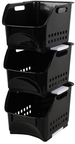 Ikando 3 Pack Open Front Stacking Storage Basket, Stackable Storage Bin | Stackable Open Storage Boxes, Storage Veg Rack for Kitchen, Pantry, and Home, Black