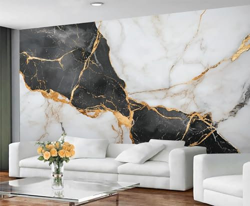 YXQAIED Marble Wallpaper, Black and Gold Marble Wallpaper for Living Room, Black and White Bedroom Wall Paper, Not Self Adhesive Gold Lines 3D Large Mural & Home Decor Poster, 200x140cm