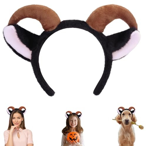 EFNHJF5 Ziegenohren Kopfschmuck mit Widderhörnern für Kinder Erwachsene Tierkostüm Accessoire für Halloween, Karneval Karneval Kostüm,Weihnachten & Cosplay (Waschbar)