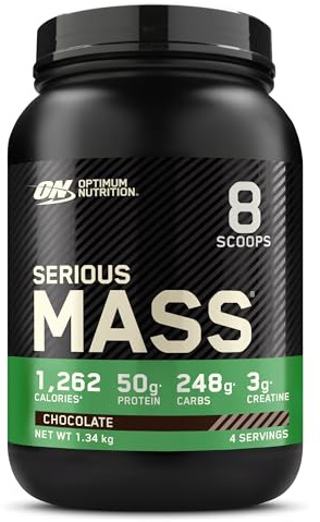 Optimum Nutrition Serious Mass Protein Powder High Calorie Mass Gainer with Vitamins, Creatine and Glutamine, Chocolate, 4 Servings, 1.34 kg, Packaging May Vary
