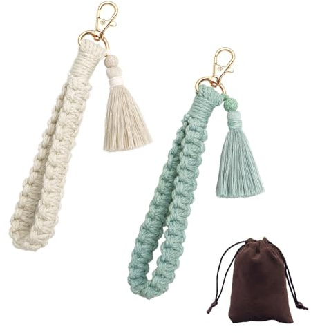 DOINEUFL Makramee Schlüsselanhänger Damen – 2er-Pack Handgemacht aus Baumwolle – Kurzes Schlüsselband & Handykette – Armband für Auto, Tasche, Handy – Geschenk für Frauen & Freundinnen (Grün und Weiß)