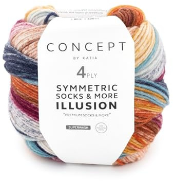 Katia Symmetric Socks & More Illusion, Sockenwolle 4fädig, 320m Farbverlauf, 80g, Nadelstärke 2,5mm, Sockengarn 4-fädig, zwei gleiche Socken stricken (72)