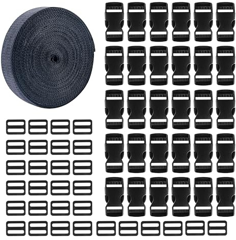 HAXIHA 10M Nylon Gurtband,30Paare Steckverschluss,Schnallen Gurtband Set 25mm Seitliche Entriegelung Schnallen,Verstellbare Klippverschluss,für Rucksack Tasche Koffergurt Gürtel,Dog Collar