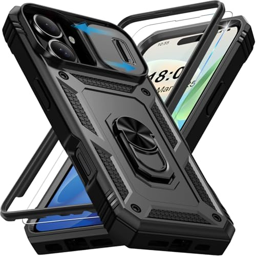 Giyer Handyhülle für iPhone 17 Hülle mit Schutzfolie, Panzerhülle Case mit Kameraschutz 360° Metall Ring Ständer Stoßfest Bumper Schutzhülle für iPhone 17 5G Cover Tache (Schwarz)