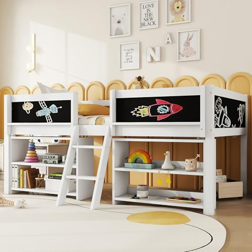 ZIDEY Kinderbett Halbhohes Bett 90x200 mit Leiter und Regale, Hochbett mit Rausfallschutz & Lattenrost, Jugendbett Einzelbett Holzbett Etagenbett, Weiß, Ohne Matratze