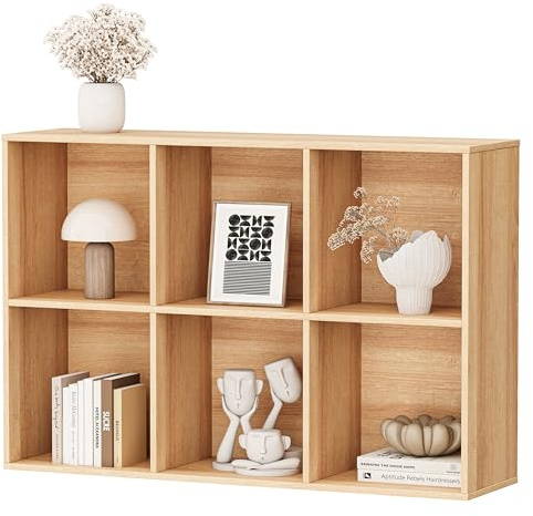 GENGKHAN Wooden Cube Storage Organizer,11in Bookcase with Closed Back Panel，Multifunctional Display Shelf for Living Room, Bedroom, Home Office (Natural Oak, 6-Cube 35.98L*9.45W*24.09H)