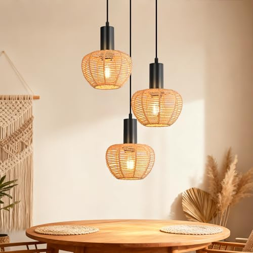 Deboola Hängelampe Boho Pendelleuchte Rattan 3 Flammig Esstischlampe Vintage Geflochten Hängeleuchte Lampenschirm Hanfseil E27 Pendellampe für Esszimmer Schlafzimmer/Ohne Leuchtmittel