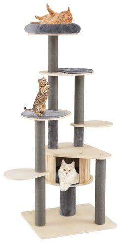COSTWAY Kratzbaum groß, 172 cm, Katzenbaum mit dicken Stämmen, Plattformen, Katzenhöhle, Kratzpfosten, abnehmbaren Matten & großer Basis, Katzenkratzbaum Holz, Katzenturm Kletterbaum Katze, Grau+Natur