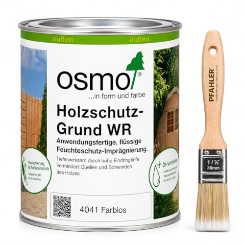 OSMO. Holzschutz-Grund WR 4041 Farblos 0,75L – Holz Imprägnierung für Außenholz, schützt vor Feuchtigkeit, geruchsarm, inkl. PFAHLER Flächenstreicher