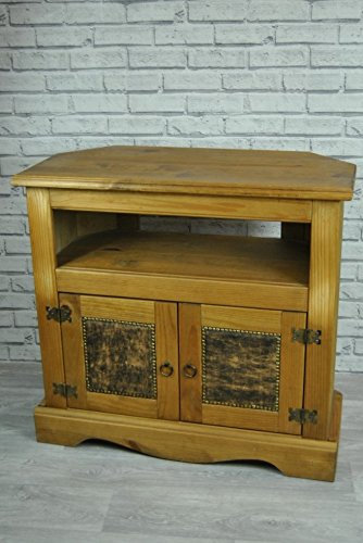 TV Television Stand Unit Cabinet Waxed Pine Brown Faux Leather Gold Studded Flat or Corner