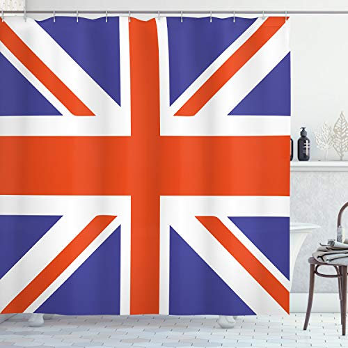 ABAKUHAUS Union Jack Rideau de Douche, British Loyal, Tissu Ensemble de Décor de Salle de Bain avec Crochets, 175 cm x 180 cm, Blanc Bleu Royal