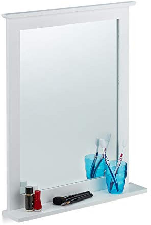 Relaxdays Wandspiegel Bambus, Ablage, Spiegel rechteckig, Wohnzimmer, Bad, Flur, Hängespiegel HBT 68 x 56 x 10 cm, weiß