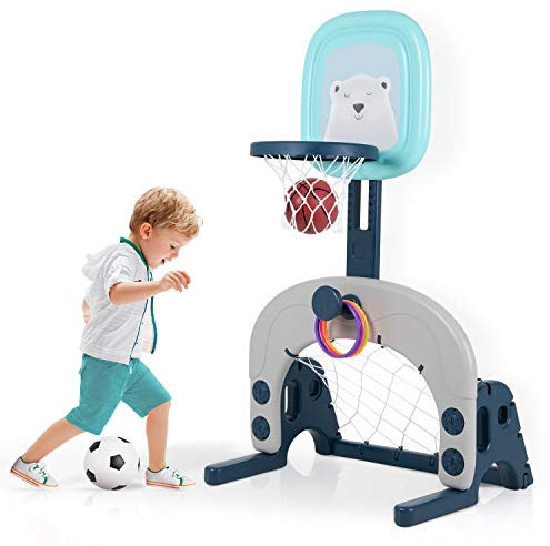 Hadwin Kinder Basketballkorb Set, 3 in 1 höhenverstellbarer Basketballständer & Fußballtor & Wurfspiel für Kleinkinder, Sport für Jungen und Mädchen, Indoor geeignet