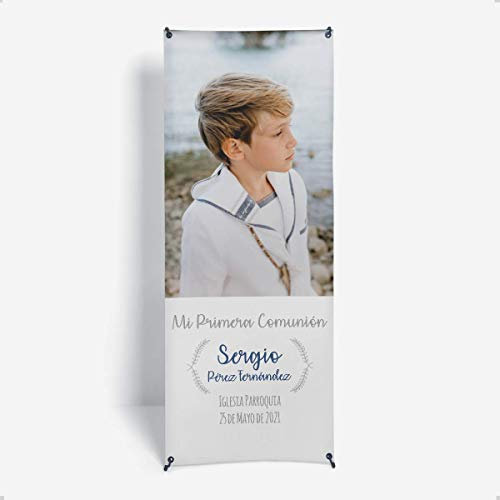 Onepersonal – Photocall Personalizado comunión niño con Estructura | Xbanner de Lona Personalizable para añadir foto y texto – Diseño minimalista | Decoración Comuniones Personalizada
