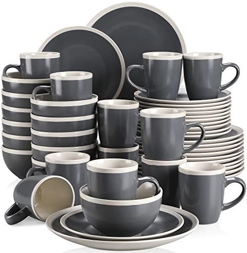 vancasso SEESAMI Stoneware Dinner Set- Matte Sesame Glaze Crockery - 48 Pieces Dinnerware Tableware Service Set for 12, Include Dinner Plate, Dessert Plate, Cereal Bowl and Mug. Dark Grey