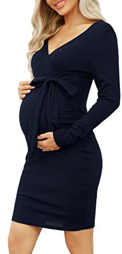 KOJOOIN Damen Umstandskleid Enge Langarm Stillkleid V-Ausschnitt Schwangere Kleider Mutterschaft Schwangerschaft Knielanges Partykleid mit Gürtel (Verpackung MEHRWEG), A-Dunkelblau, L