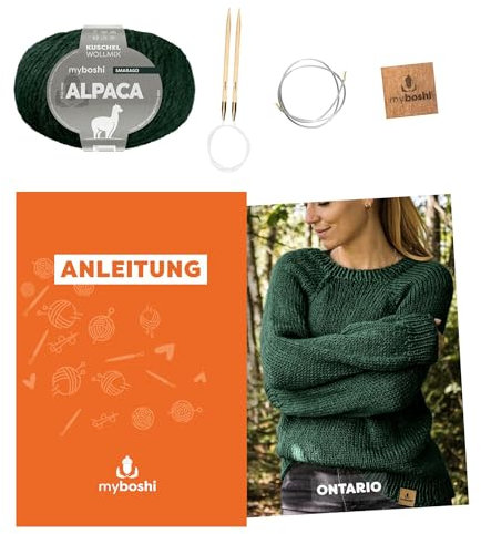 myboshi Strickset Raglanpullover Ontario, Strickset für Anfänger, inkl. Alpaca Wolle, Nadel und Anleitung, Label, Strickpaket, 10% Alpaka, 25% Schurwolle Smaragd mit Rundstricknadel