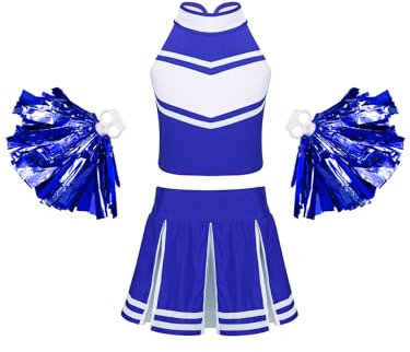 FEESHOW Mädchen Cheerleading Kostüm Cheer Leaderin Uniform Pompoms Set Kinder Fasching Karneval Kostüm American Football Schuluniform Königsblau_A 134-140