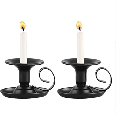 Tibeoyad 2 portacandele con manico, vintage, rotondo, in metallo, colore nero