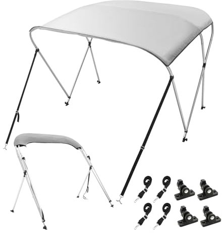 VEVOR Bimini para Barco con 3 Arcos 182x117x170-182 cm Parte Superior Bimini Estructura de Aleación de Aluminio y Lona de Poliéster 900D Toldo Parasol Plegable para Cabina de Velero Barca, Gris Claro