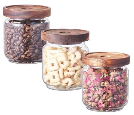 Eden & Willow Airtight Borosilicate Glass Kitchen Storage Jars with Acacia Wooden Lids, Food-Safe Pantry Organiser, Suitable for Home and Kitchen Use (Set of 3, 470ml)