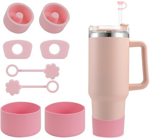 SALUOKE Cup Accessories 8 Pcs for Stanley, Including 2 Straw Cover Cap, 2 Square Spill Stopper, 2 Round Leak Stopper, 2 Pcs Silicone Boot for Stanley Cup 2.0 40/30oz Tumbler, Cup Not Included (Pink)